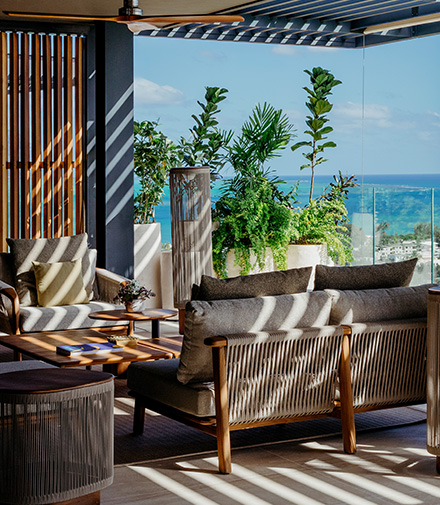 Modern living room with ocean view