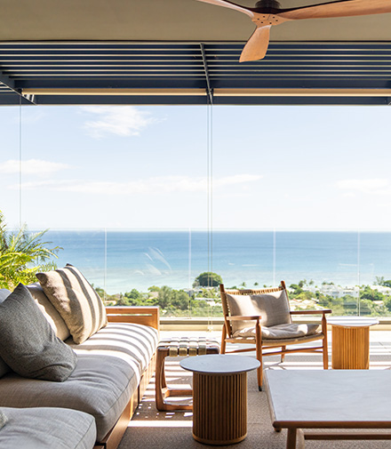 Modern living room with ocean view